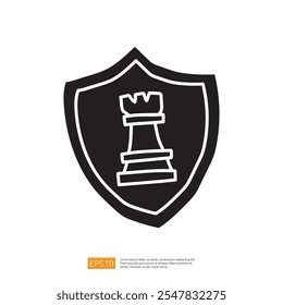 A simple black shield icon featuring a chess rook, representing strategy and protection.