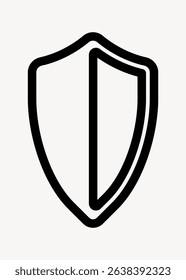 Simple black shield icon on a white background. Shield symbolizes protection and security. Minimalist shield design for security themes. Black and white shield. User interface icon vector.