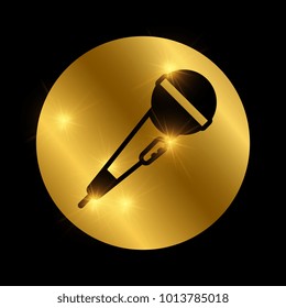 Simple black shiny microphone on gold round isolated. Vector illustration