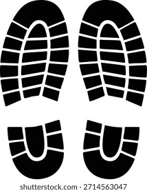Vetor simples de pegada de sapato preto com padrão de piso distinto representando caminhadas, rastreamento e uso ao ar livre em um estilo minimalista limpo. Funcionalidade e humor ousado.