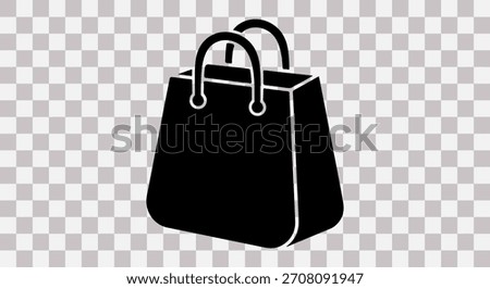 A simple black shopping bag with white outlines and handles, isolated on a transparent checkered background.