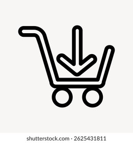 Simple black shopping cart icon with a downward arrow, symbolizing online shopping or checkout. Minimalist design for e-commerce, cart, and shopping themes. User interface icon vector.