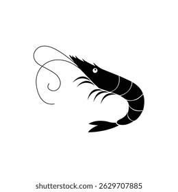 Simple Black Shrimp Silhouette Illustration with Long Antennae and Segmented Body