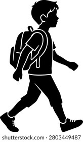 Simple black silh
ouette of person walking with large backpack isolated on white background Backpack traveler silhouette walking isolated on solid white background concept illustration