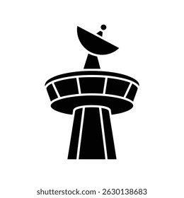 Simple black silhouette of an air traffic control tower. A satellite dish is located above the control tower on a triangular connector. Vector illustration on white.