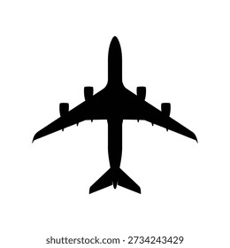Simple black silhouette of an airplane, showcasing its wingspan and overall shape from below.
