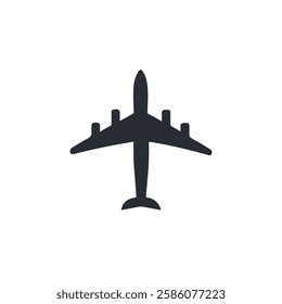 Simple black silhouette of an airplane viewed from below. Perfect for travel, aviation, airline logos, and transportation-related designs.  
