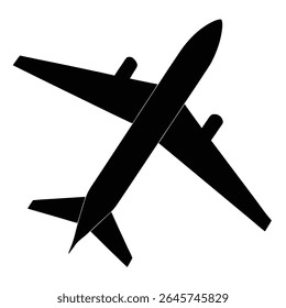 A simple black silhouette of an airplane viewed from above against a white background The image is a minimalist graphic design element suitable for various applications