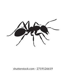 A simple black silhouette of an ant showcasing its distinct body structure