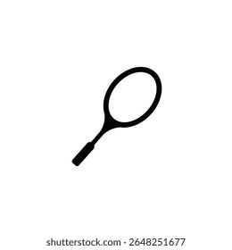 Uma silhueta preta simples de uma raquete de badminton é mostrada contra um fundo branco. A imagem é uma ilustração vetorial com um estilo mínimo