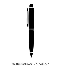 A simple black silhouette of a ballpoint pen on a white background.