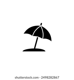 A simple black silhouette of a beach umbrella on a white background, symbolizing leisure and vacation