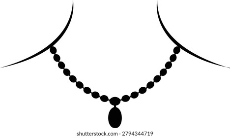 A simple black silhouette of a beaded necklace with a pendant worn around a neck.