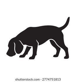 Simple black silhouette of beagle dog looking down isolated on white background for graphic design projects