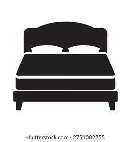 Simple black silhouette of a bed with headboard and mattress depicted