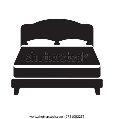 Simple black silhouette of a bed with headboard and mattress depicted