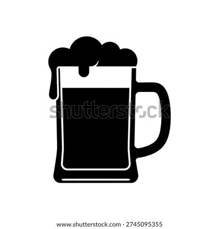 A simple black silhouette of a beer mug, featuring a generous head of foam spilling over the rim, on a white background.