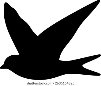 Simple black silhouette of a bird flying mid-air, wings spread wide, vector design isolated on white