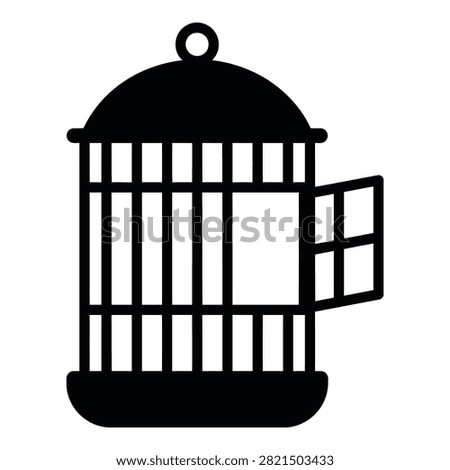 Simple black silhouette of a birdcage with open door, symbolizing freedom and escape