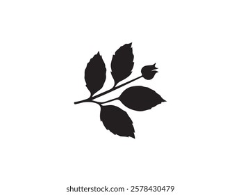 Simple black silhouette of a botanical branch with leaves and bud.A clean, bold silhouette of a plant branch with leaves and a bud, set against a plain white background.