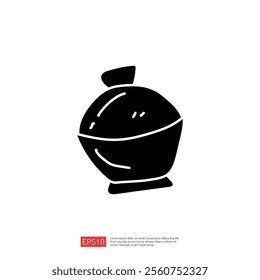 A simple black silhouette of a bowl with a lid, suggesting a container for food or ingredients, often used in culinary contexts.