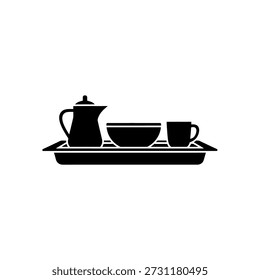 Uma simples silhueta preta de uma bandeja de café da manhã segurando uma cafeteira, uma tigela e uma xícara, pronta para uma refeição matinal.