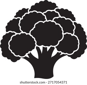 A simple black silhouette of a broccoli head with its stem and florets clearly defined