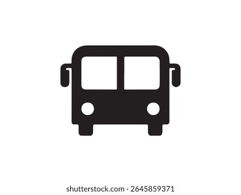 A simple black silhouette of a bus is presented from a front-facing perspective against a stark white background. 