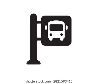 A simple black silhouette of a bus stop sign featuring a bus illustration on a white background, ideal for transportation and public transit concepts.