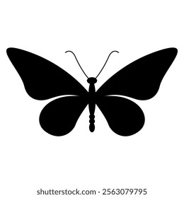 Simple, black silhouette of a butterfly with its wings spread wide. Vector