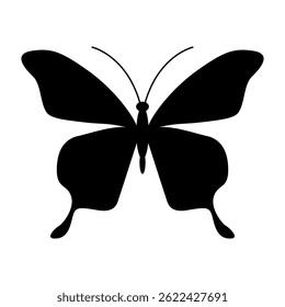 Simple, black silhouette of a butterfly with its wings spread wide. Vector