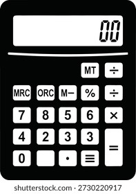 Uma silhueta preta simples de uma calculadora com uma tela digital, simbolizando finanças, contabilidade e cálculo.