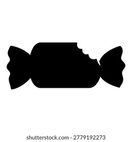 A simple black silhouette of a candy with a bite taken out of it, presented in its wrapper.