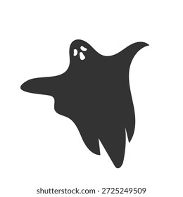 Una silueta simple y negra de un fantasma de dibujos animados con ojos anchos y una boca abierta, sobre un fondo blanco.