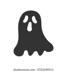 Una silueta simple y negra de un fantasma de dibujos animados con ojos anchos y una boca abierta, sobre un fondo blanco.