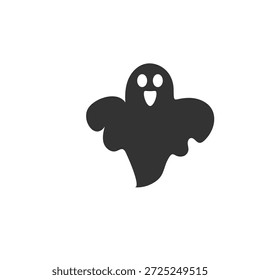 Una silueta simple y negra de un fantasma de dibujos animados con ojos anchos y una boca abierta, sobre un fondo blanco.