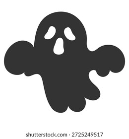 Una silueta simple y negra de un fantasma de dibujos animados con ojos anchos y una boca abierta, sobre un fondo blanco.