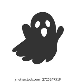 Una silueta simple y negra de un fantasma de dibujos animados con ojos anchos y una boca abierta, sobre un fondo blanco.