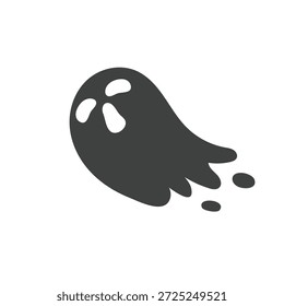 Una silueta simple y negra de un fantasma de dibujos animados con ojos anchos y una boca abierta, sobre un fondo blanco.