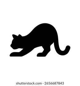 A simple black silhouette of a cat is captured in a dynamic pose, with its front paws extended and body lowered.