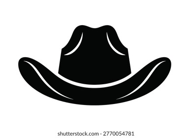 A simple black silhouette of a classic cowboy hat is presented against a clean white background. The hat features a rounded crown and a wide, curved brim, with subtle lines indicating its shape and form. This isolated graphic is a clear and iconic representation of western headwear.