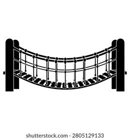 Simple black silhouette of a classic rope suspension bridge design featuring wooden planks and sturdy support posts for outdoor playgrounds