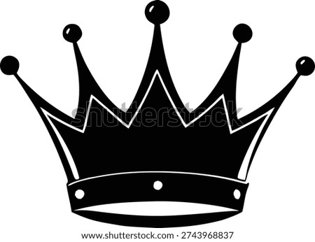 Simple black silhouette of a classic royal crown with five points, representing power, success, and monarchy on a white background.