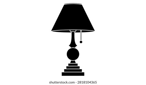A simple black silhouette of a classic table lamp with a lampshade isolated on a clean white background design element