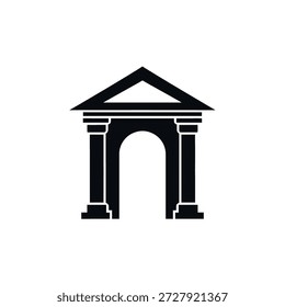 A simple black silhouette of a classical building featuring prominent pillars and an arched entrance, set against a white background.