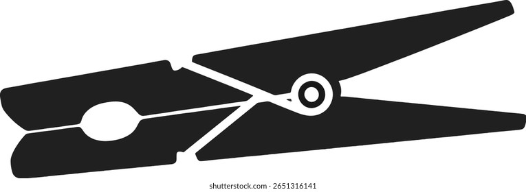 Uma silhueta preta simples de um clothespin, um item doméstico comum usado para prender roupas a um varal.  Seu design é minimalista e facilmente reconhecível...