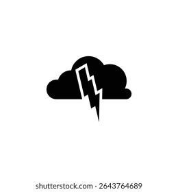 A simple black silhouette of a cloud with a lightning bolt striking from its center. Its a minimalist graphic, likely used as an icon or symbol.