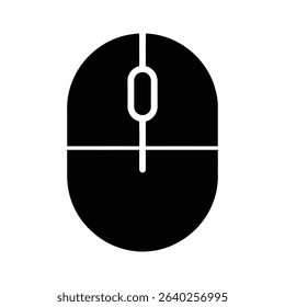 A simple, black silhouette of a computer mouse, depicting its classic shape and button.