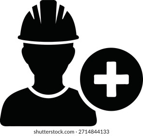 Una silueta negra simple de un trabajador de la construcción que lleva un sombrero duro, acompañada de un icono circular con un signo más blanco sobre un fondo negro.