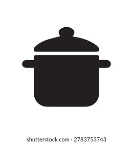 A simple black silhouette of a cooking pot with handles and a lid on a white background.